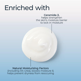 Eucerin 16.9 fl oz bottle next to a hand for size and daily use clarity