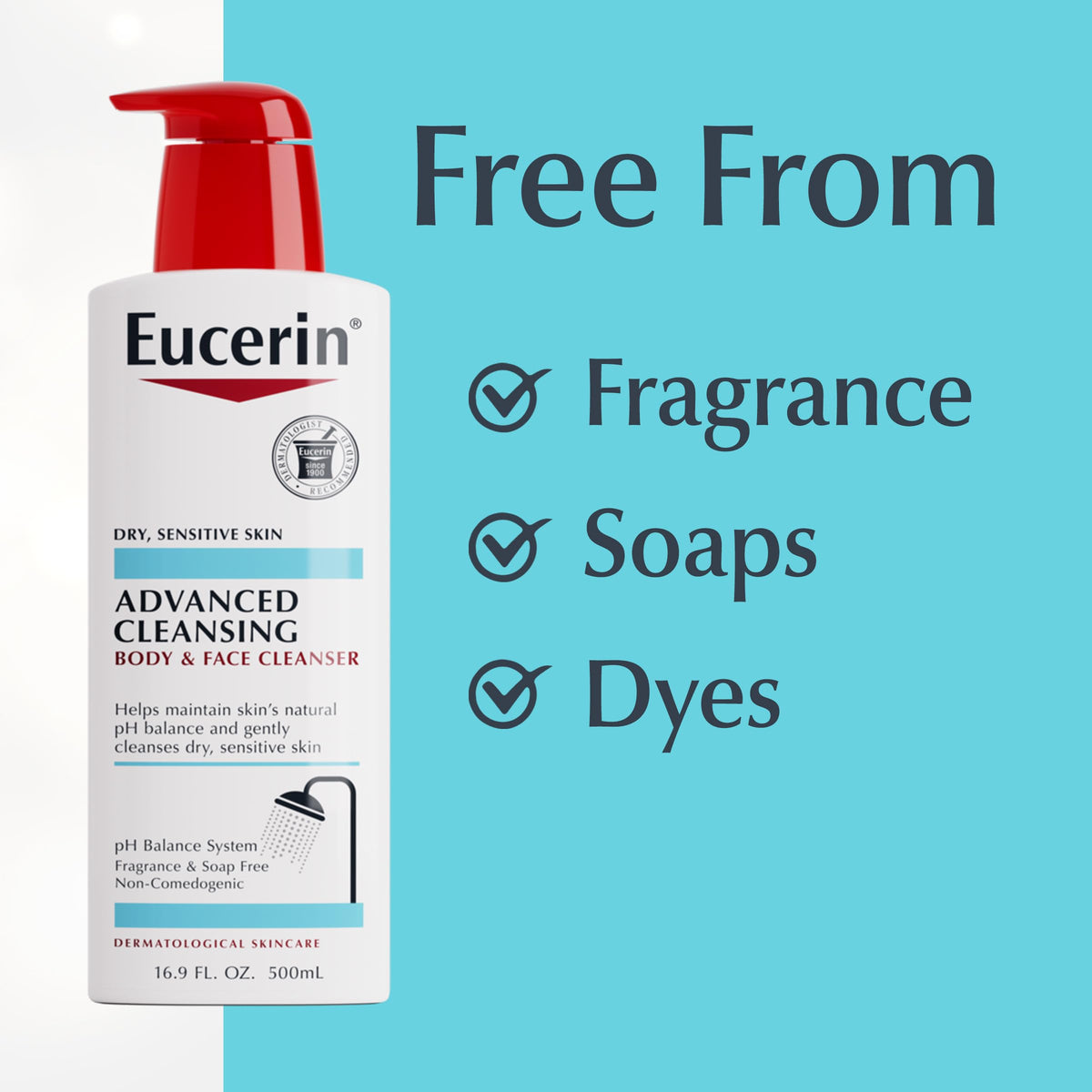 Eucerin ingredients panel with Provitamin B5 and pH balance callout