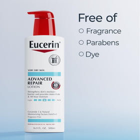 Eucerin open cap with lotion pour demonstrating controlled pump dispensing