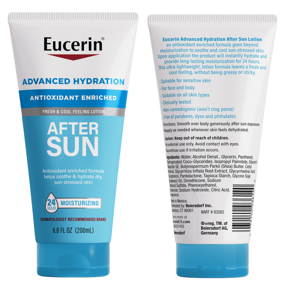 Eucerin after sun tube inside a beach bag illustrating on-the-go soothing after sun exposure