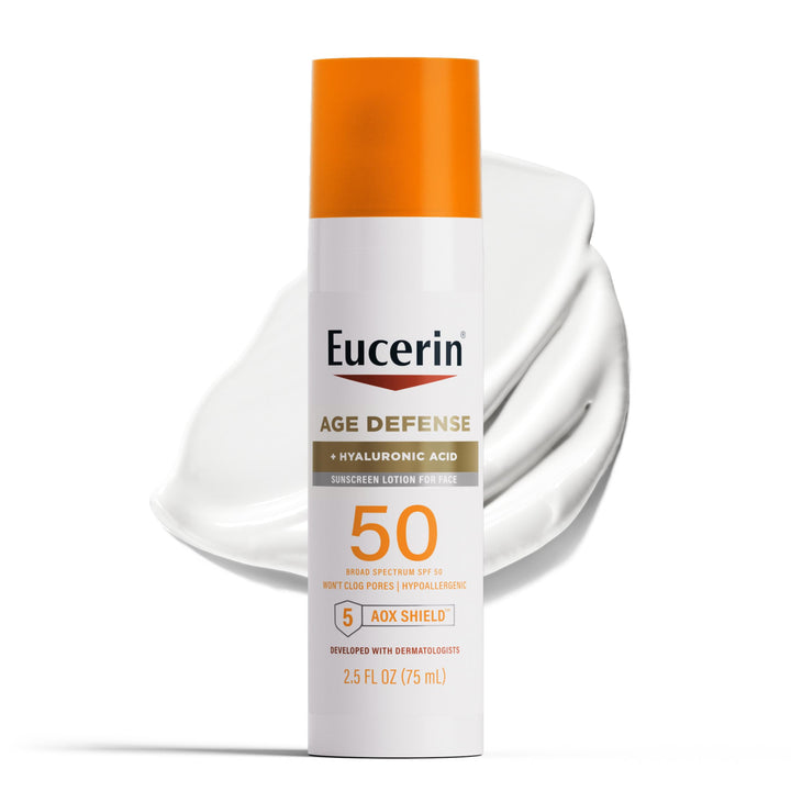 Eucerin pump bottle front view showing compact travel-friendly SPF 50
