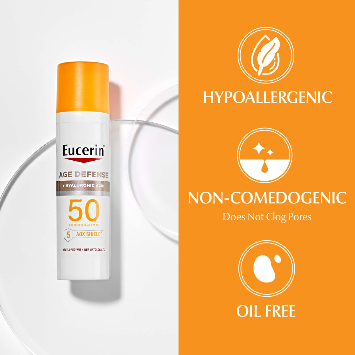 Model applying Eucerin face sunscreen demonstrating easy makeup layering