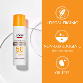 Model applying Eucerin face sunscreen demonstrating easy makeup layering