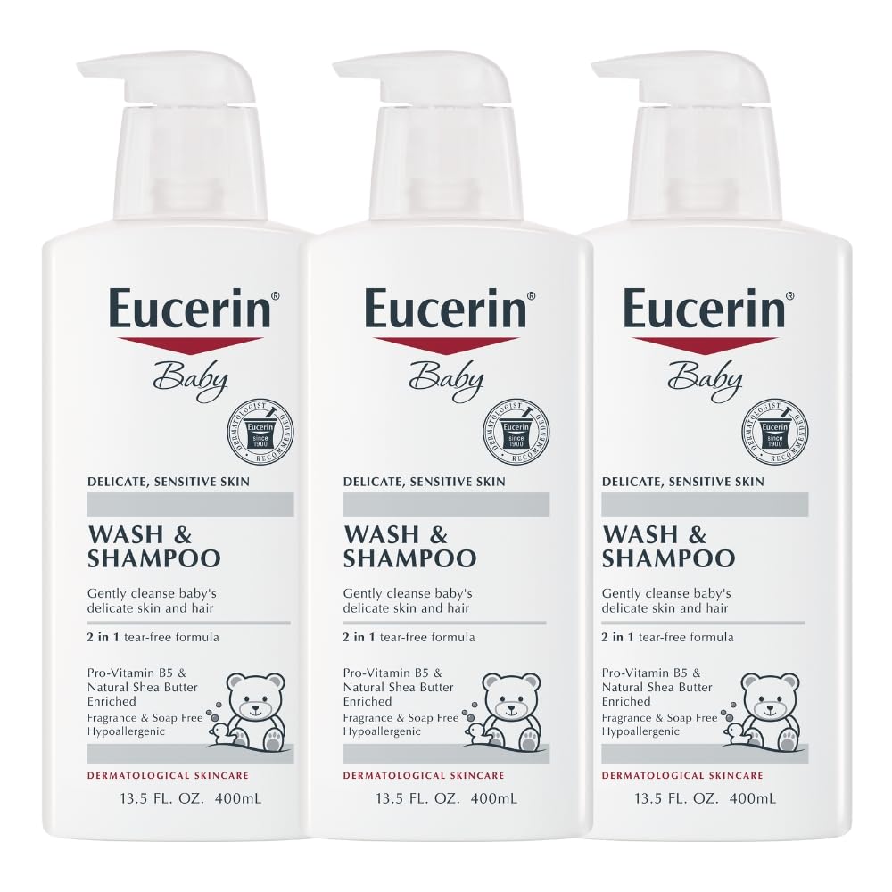 Eucerin baby front pump bottle showing label and easy‑use pump benefit