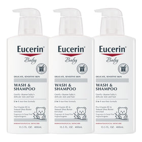 Eucerin baby front pump bottle showing label and easy‑use pump benefit
