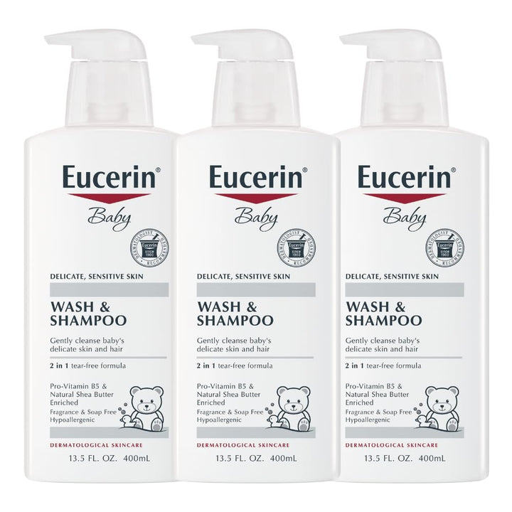 Eucerin baby front pump bottle showing label and easy‑use pump benefit