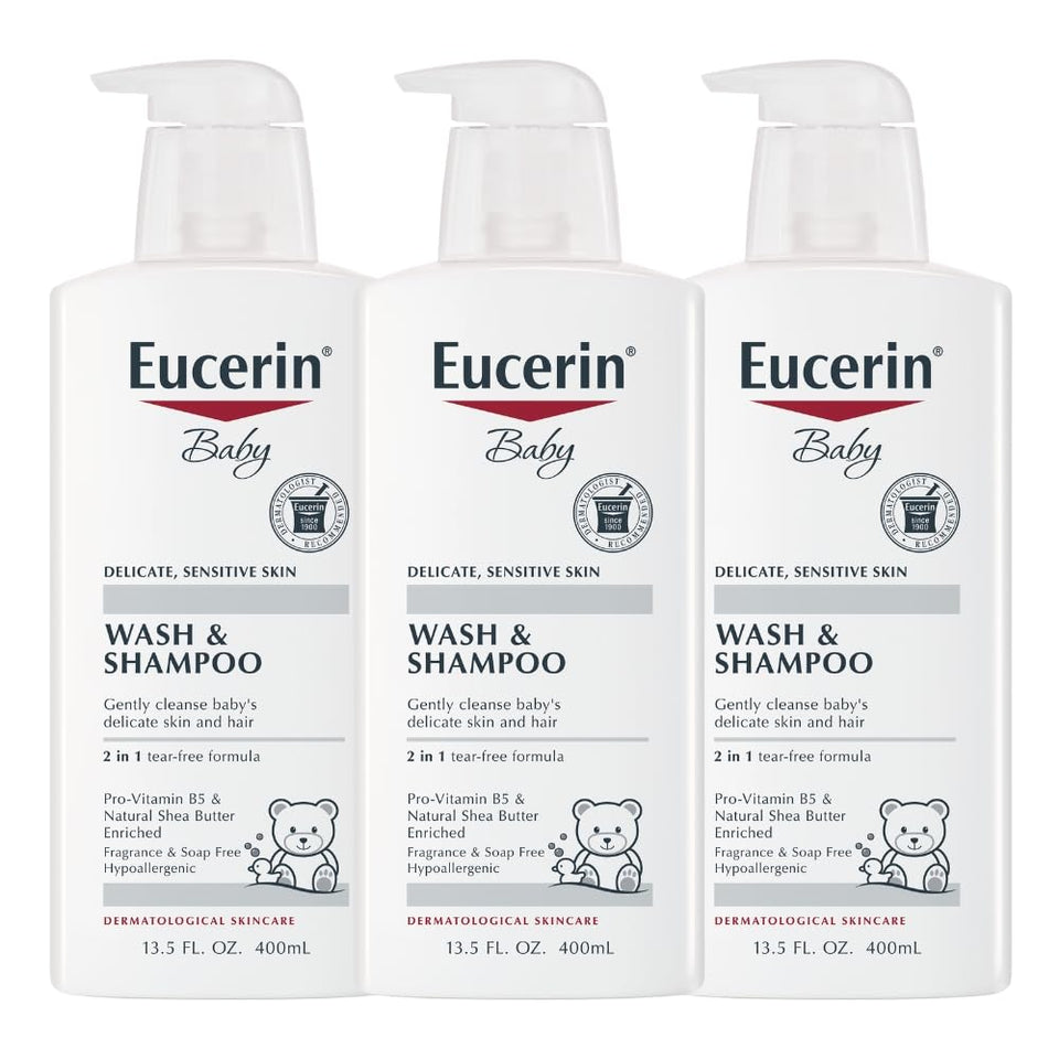 Eucerin baby front pump bottle showing label and easy‑use pump benefit