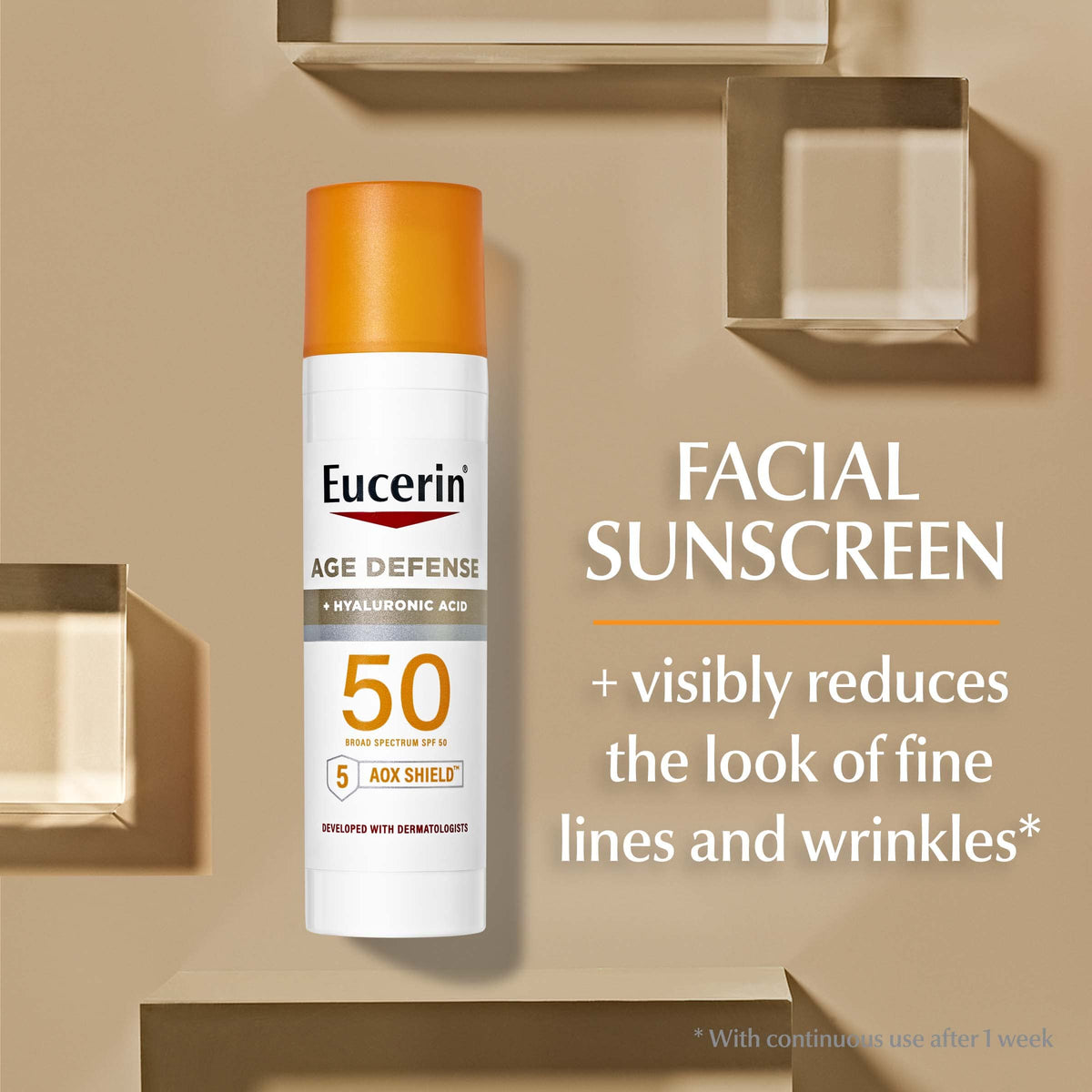 Eucerin body lotion tube displayed to show hydration and water resistance