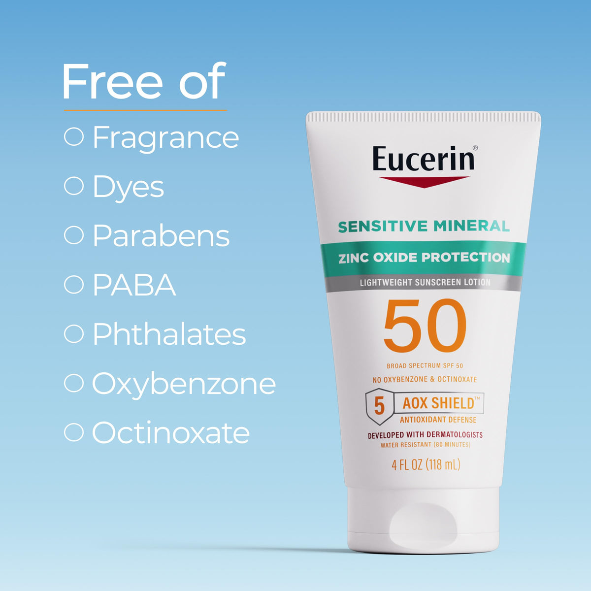 Person applying Eucerin on arm at beach showing water-resistant protection
