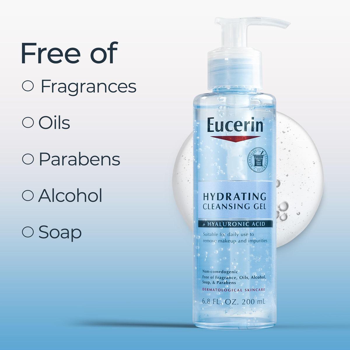 Eucerin bottle label detail, highlighting hyaluronic acid and APG cleansing complex