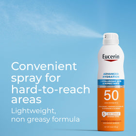 Eucerin 6 oz bottle in hand to show size and travel-friendly convenience
