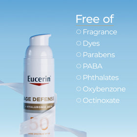 Eucerin bottle next to passport showing travel-size convenience
