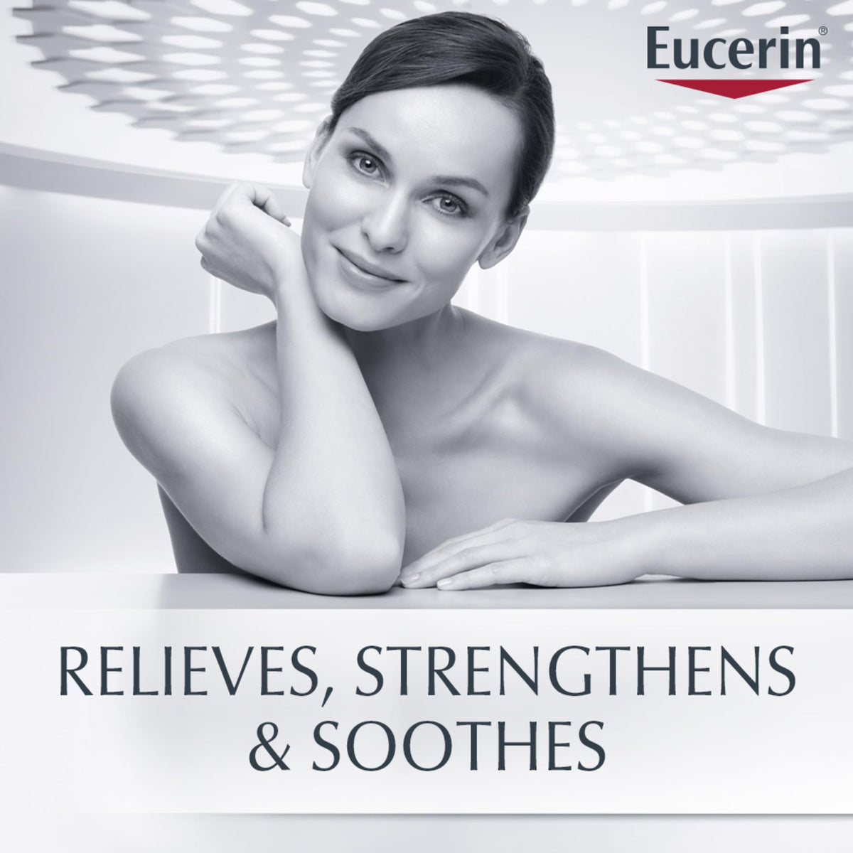 Eucerin body cream tube top view displaying nozzle and travel size benefit