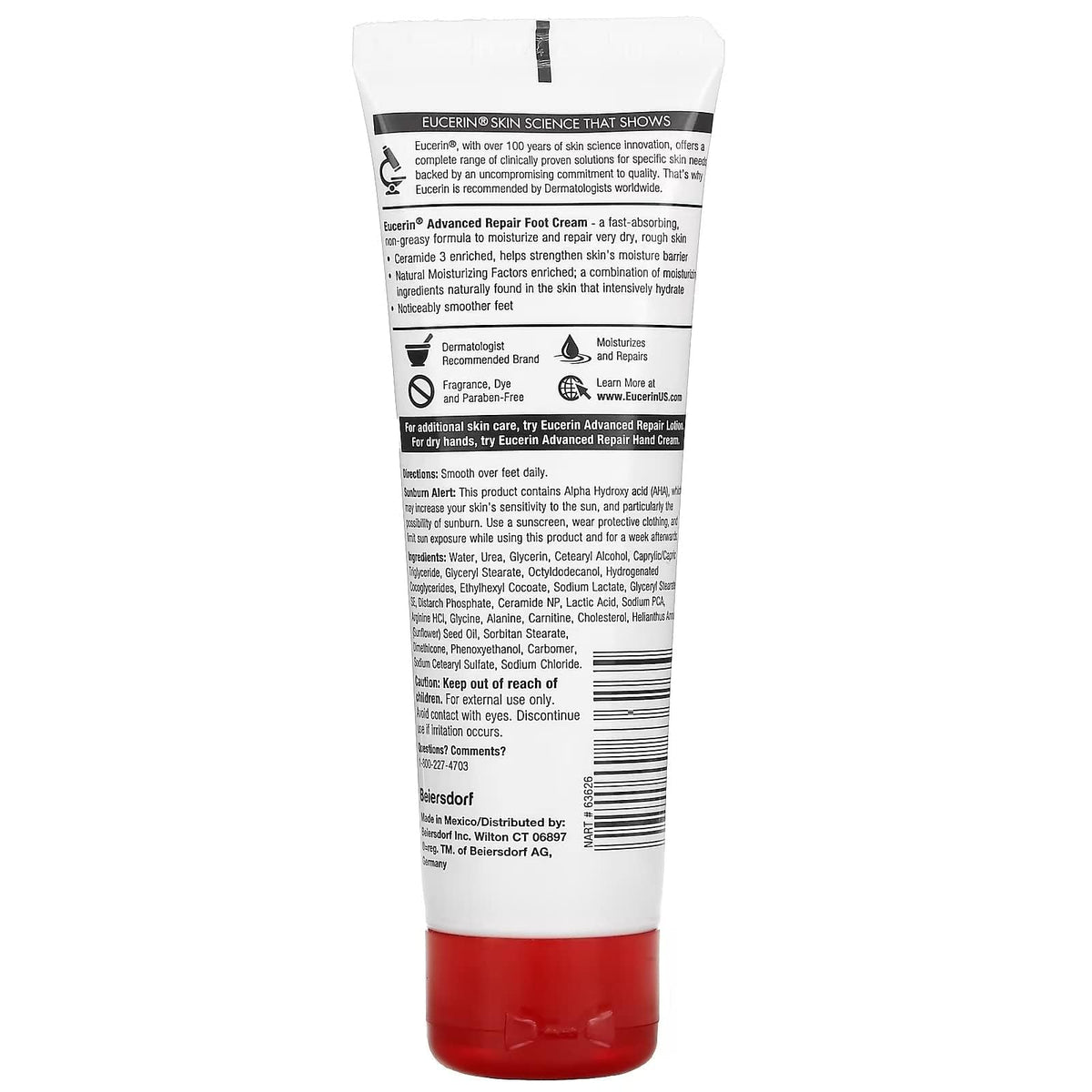 Eucerin back label close-up displaying ingredients and skin-care directions benefit