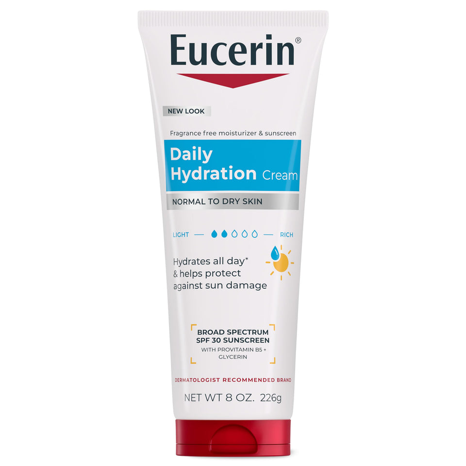 Eucerin front label on 8 oz tube showing SPF 30 protection benefit