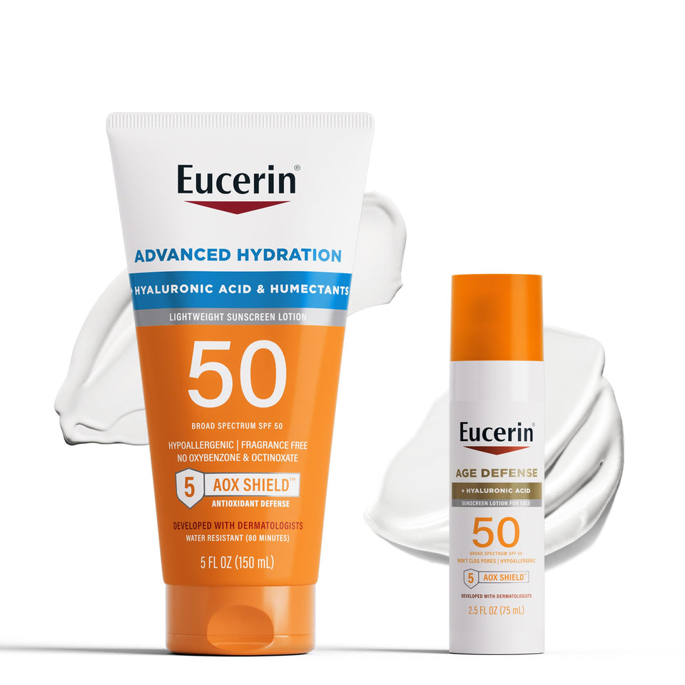 Eucerin front pack shot showing both SPF 50 bottles and clear benefit