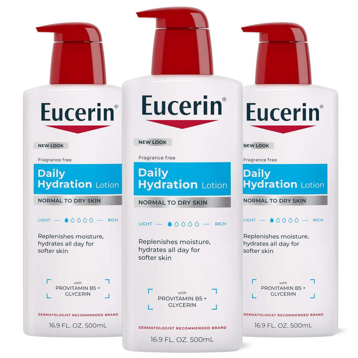 Eucerin front packaging showing 16.9 fl oz pump benefits fast dispensing