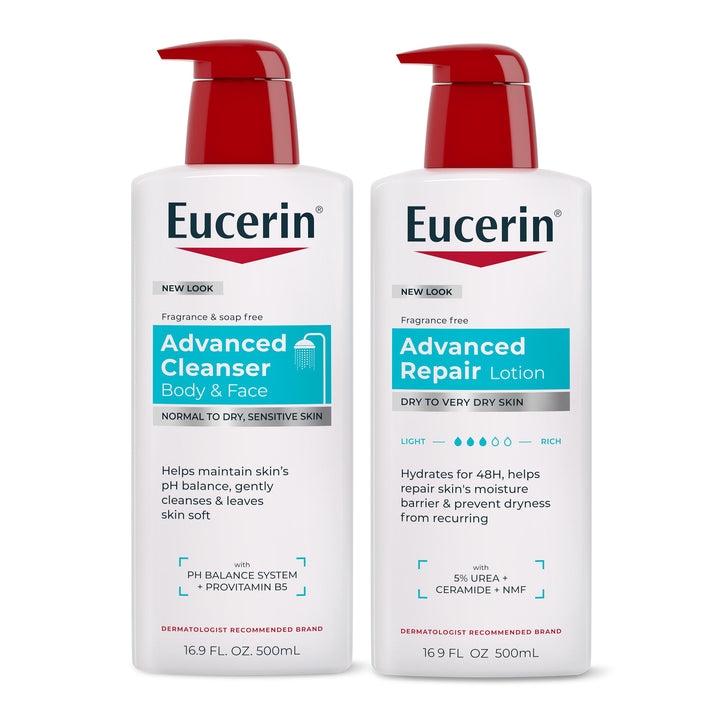 Eucerin bundle front packaging showing both bottles and benefits