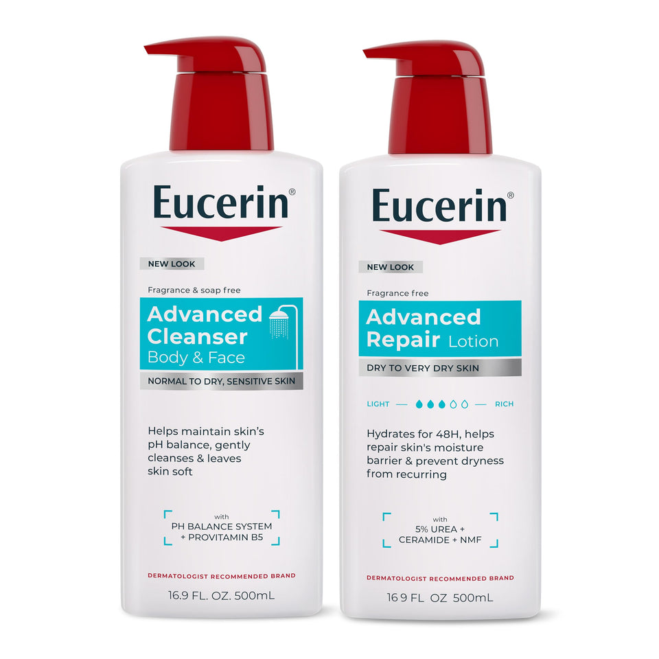 Eucerin bundle front packaging showing both bottles and benefits