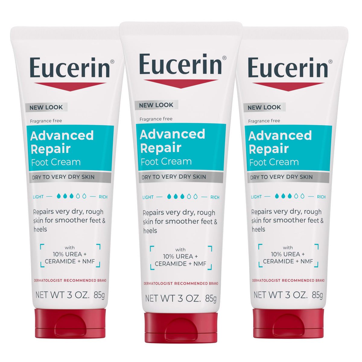Eucerin front packaging showing three travel-size foot cream tubes and benefits