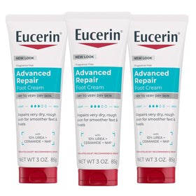 Eucerin front packaging showing three travel-size foot cream tubes and benefits