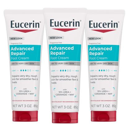 Eucerin front packaging showing three travel-size foot cream tubes and benefits