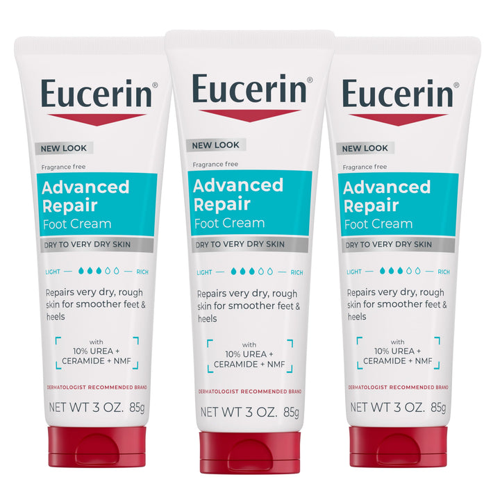Eucerin front packaging showing three travel-size foot cream tubes and benefits