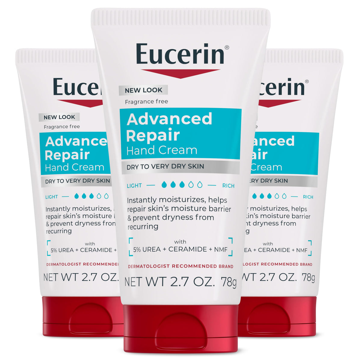 Eucerin front packaging of three travel tubes showing portable convenience