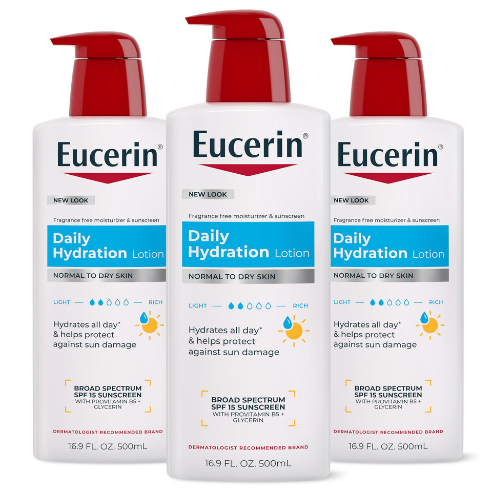 Eucerin front pump bottle showing product packaging and easy dispensing benefit