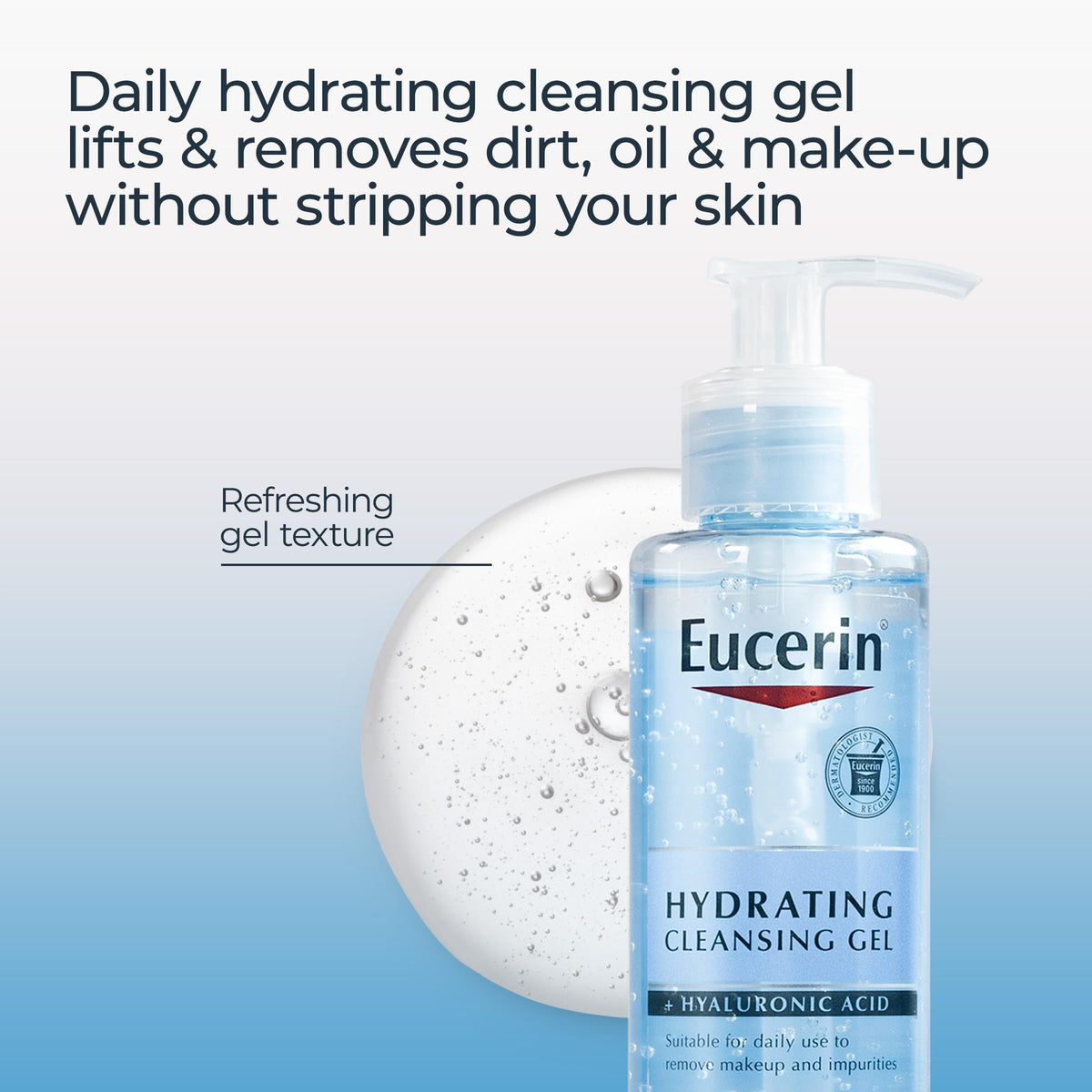 Eucerin gel texture on hand, showing smooth clear formula that hydrates skin