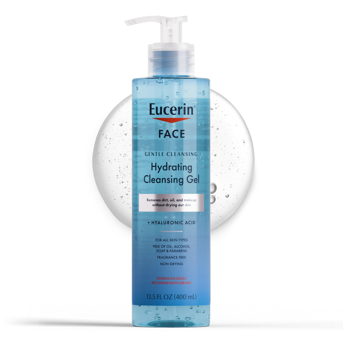Eucerin front bottle view showing cleanser and clear labeling for easy identification