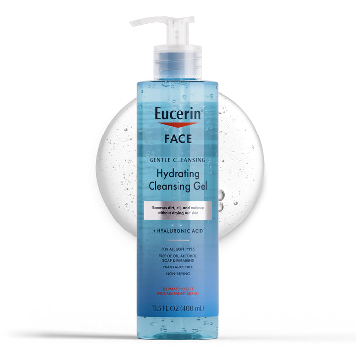 Eucerin front bottle view showing cleanser and clear labeling for easy identification