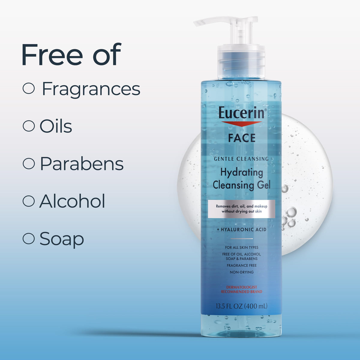 Eucerin ingredient callout highlighting hyaluronic acid and APG cleansing complex benefits