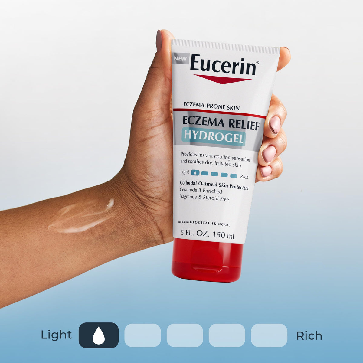 Eucerin hydrogel tube next to hand to show 5 fl oz scale and travel convenience