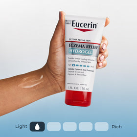 Eucerin hydrogel tube next to hand to show 5 fl oz scale and travel convenience