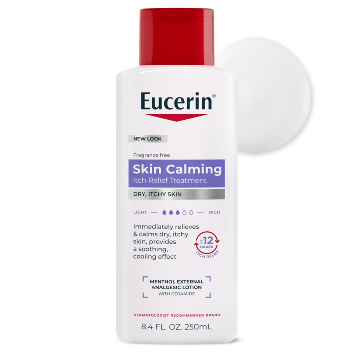 Eucerin bottle front view showing label and benefit of fast itch relief