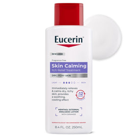 Eucerin bottle front view showing label and benefit of fast itch relief