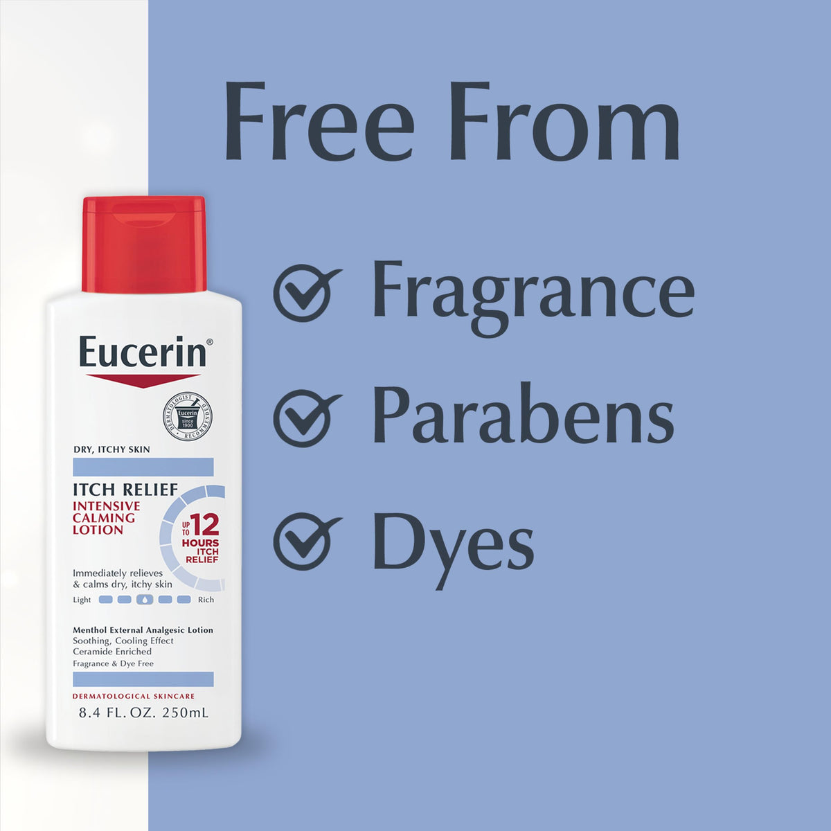 Eucerin 8.4 fl oz bottle beside everyday items to show portable size