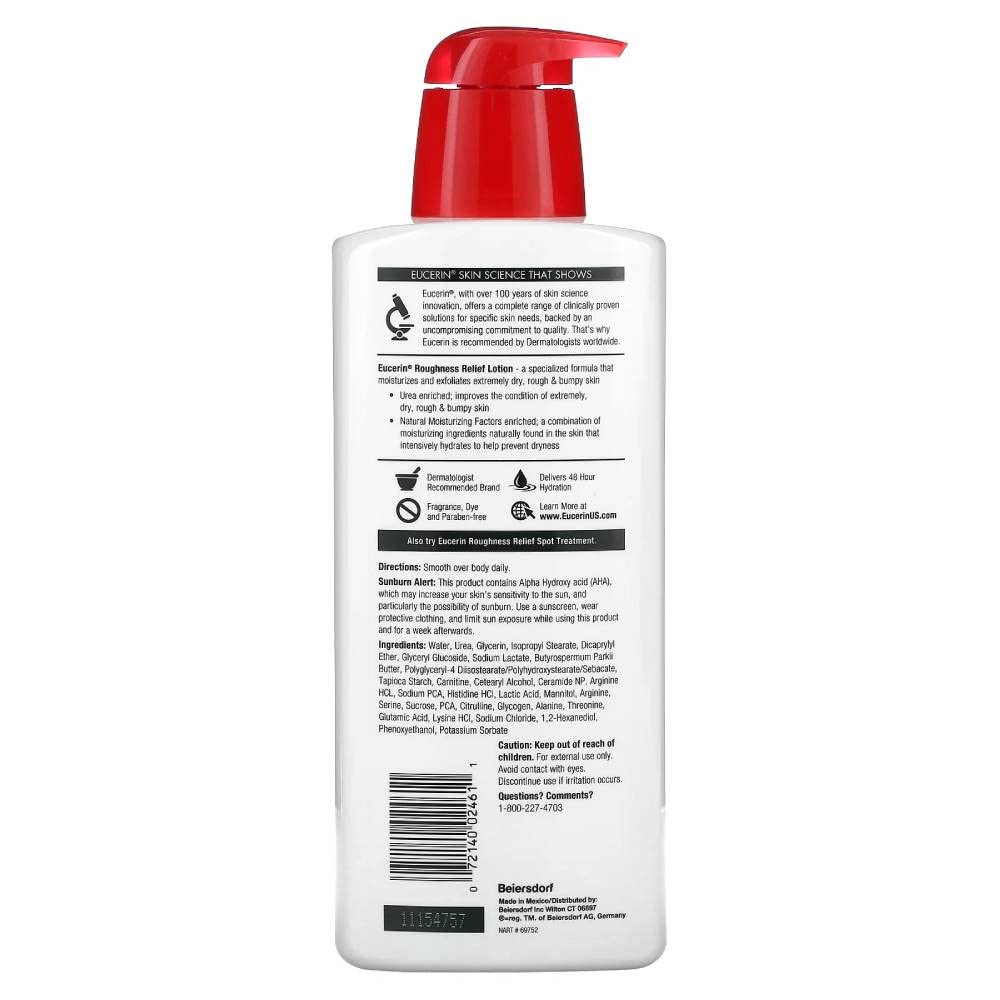 Eucerin label close-up highlighting urea and ceramide benefits