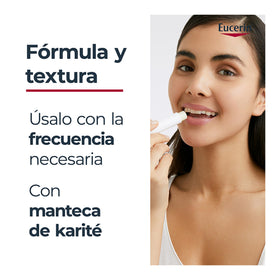 Eucerin lip stick outdoors on a bench showing SPF protection benefit