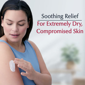 Applying Eucerin cream to hand illustrating quick soothing and prolonged moisture