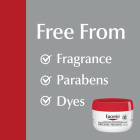 Eucerin jar beside a hand for size comparison showing generous 16 oz volume