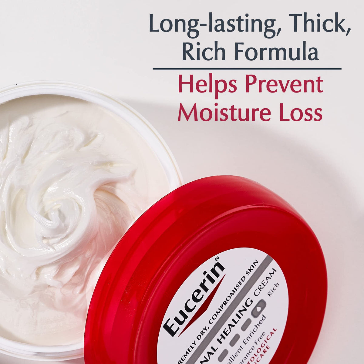 Two 16 oz Eucerin jars side-by-side highlighting extended supply and value