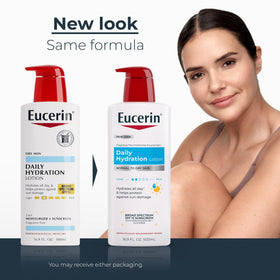 Eucerin pump dispensing lotion onto hand for quick, no-mess application benefit