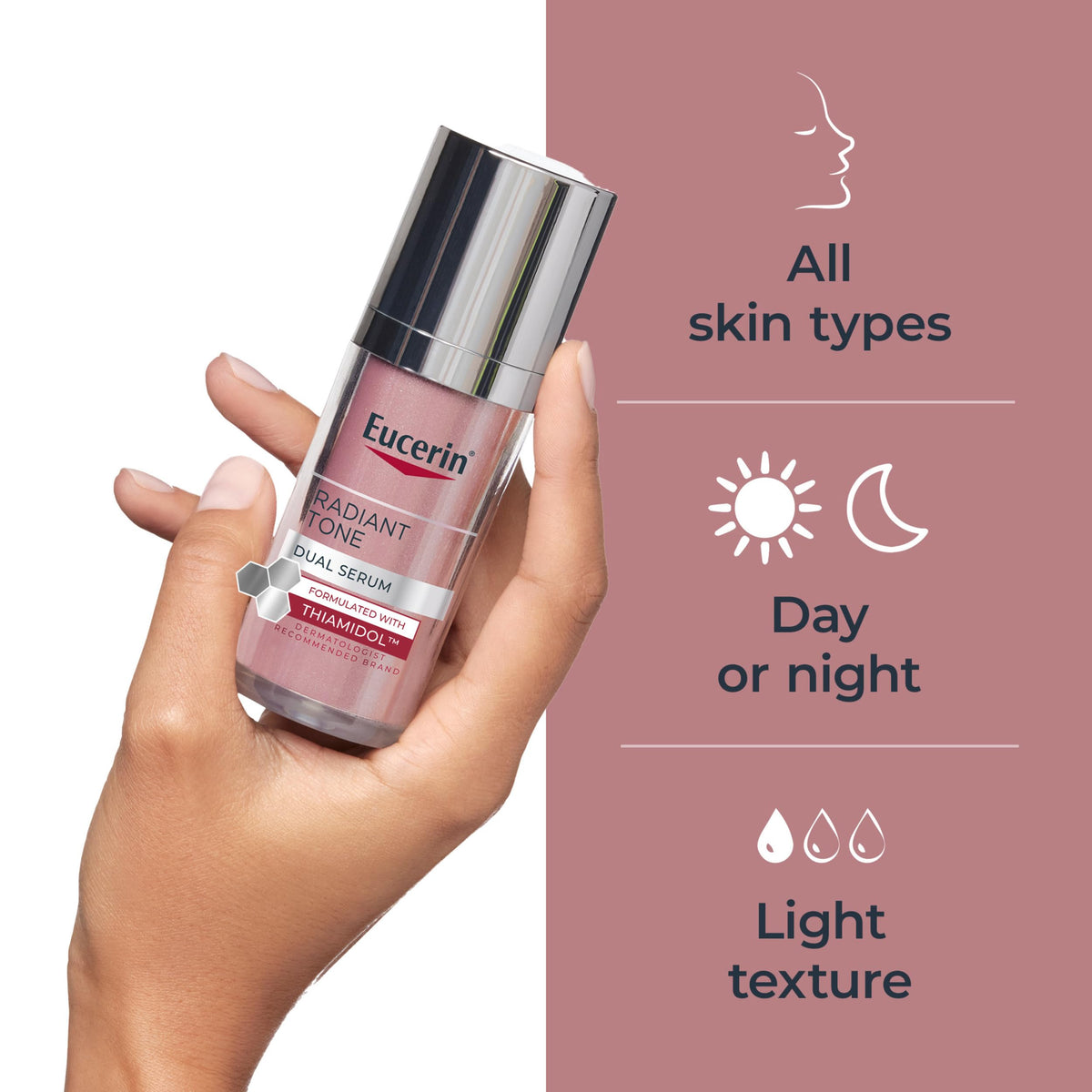Eucerin radiant tone ingredient label close-up showing Thiamidol and hyaluronic acid