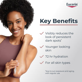 Eucerin lotion texture on fingers highlighting quick-absorbing, hydrating feel