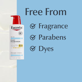 Eucerin size comparison bottle next to everyday item showing generous volume benefit