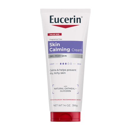 Eucerin tube front view showing product and 14 oz size, soothing hydration