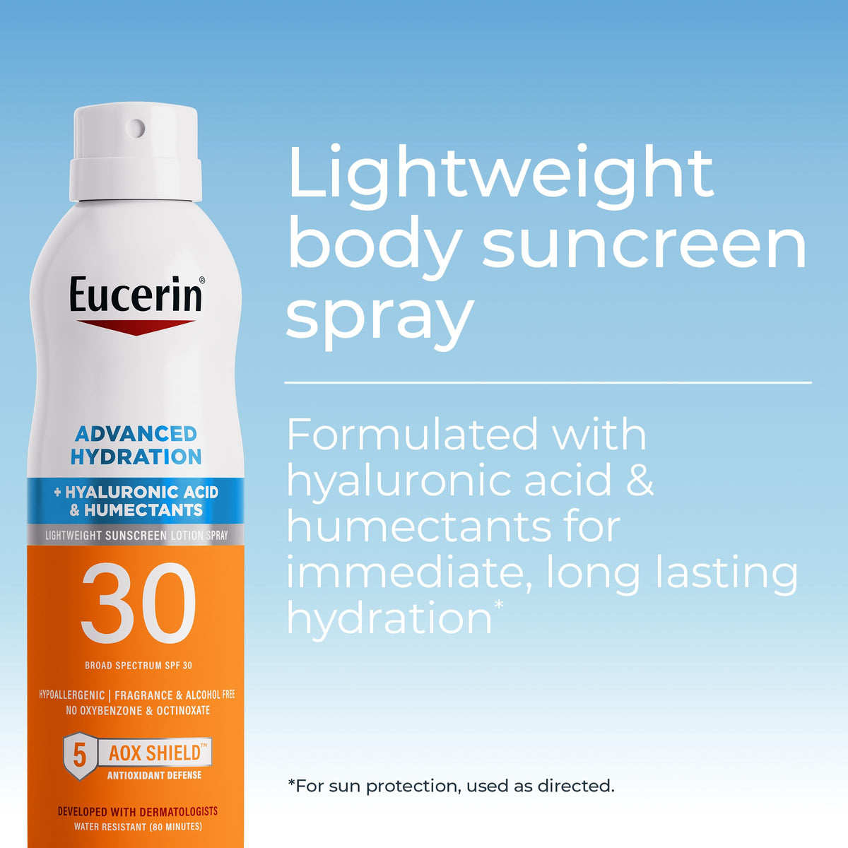 Eucerin spray back label closeup listing ingredients and benefits