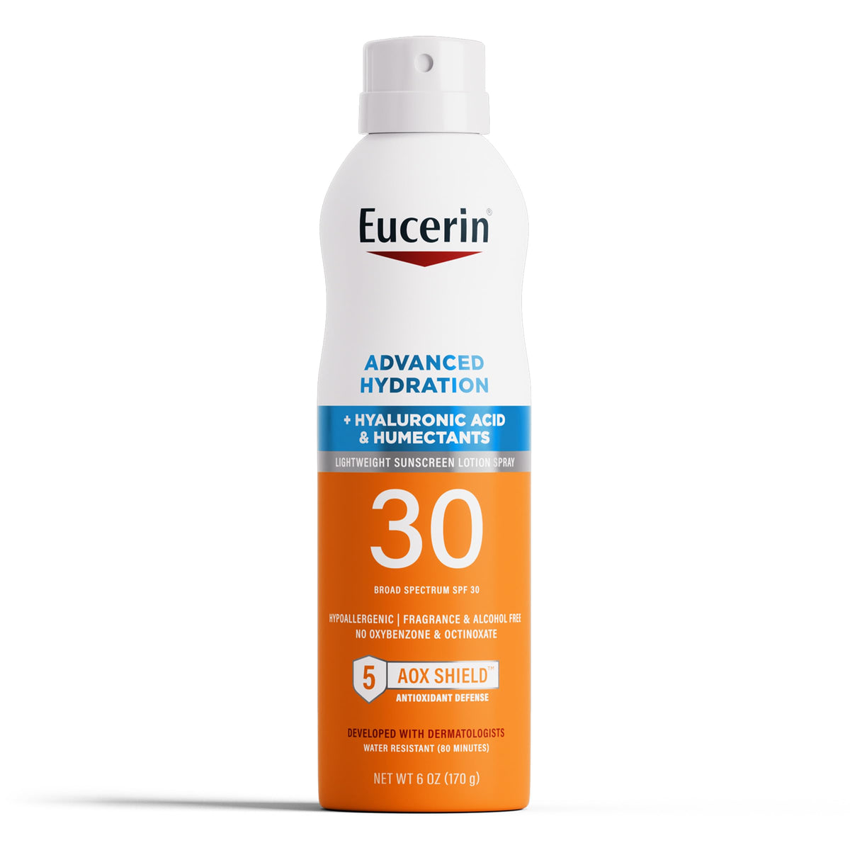 Eucerin spray front packaging showing 6 oz bottle and SPF protection